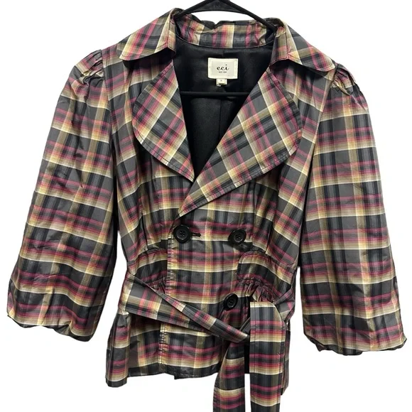 Eci New York Silk Retro Plaid Double Breasted 3 Quarter Sleeve Tie Belt Size 2 - Picture 7 of 12